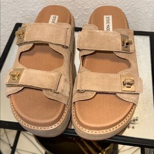 Steve Madden Beige Suede Slides with Gold Accents